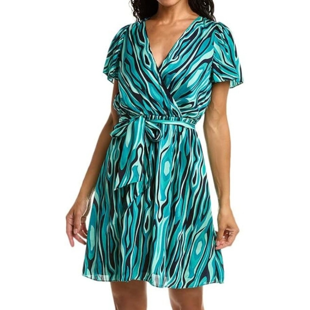 Trina Turk mini dress L turquoise Planetary 2 wrap V-neck bohochic artsy new$325